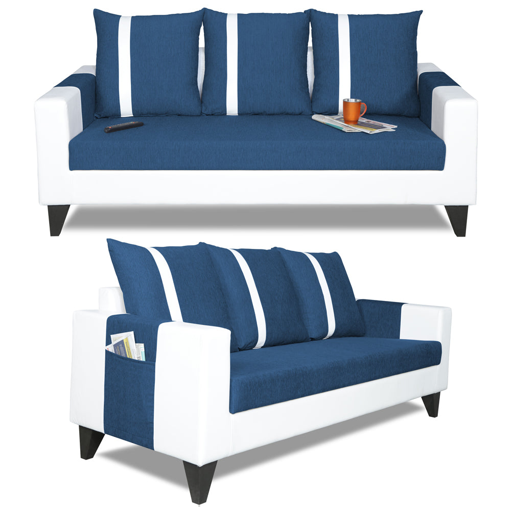 Adorn India Ashley Stripes Leatherette Fabric 3-2 Five Seater Sofa Set (Blue & White) (3 Year Warranty)