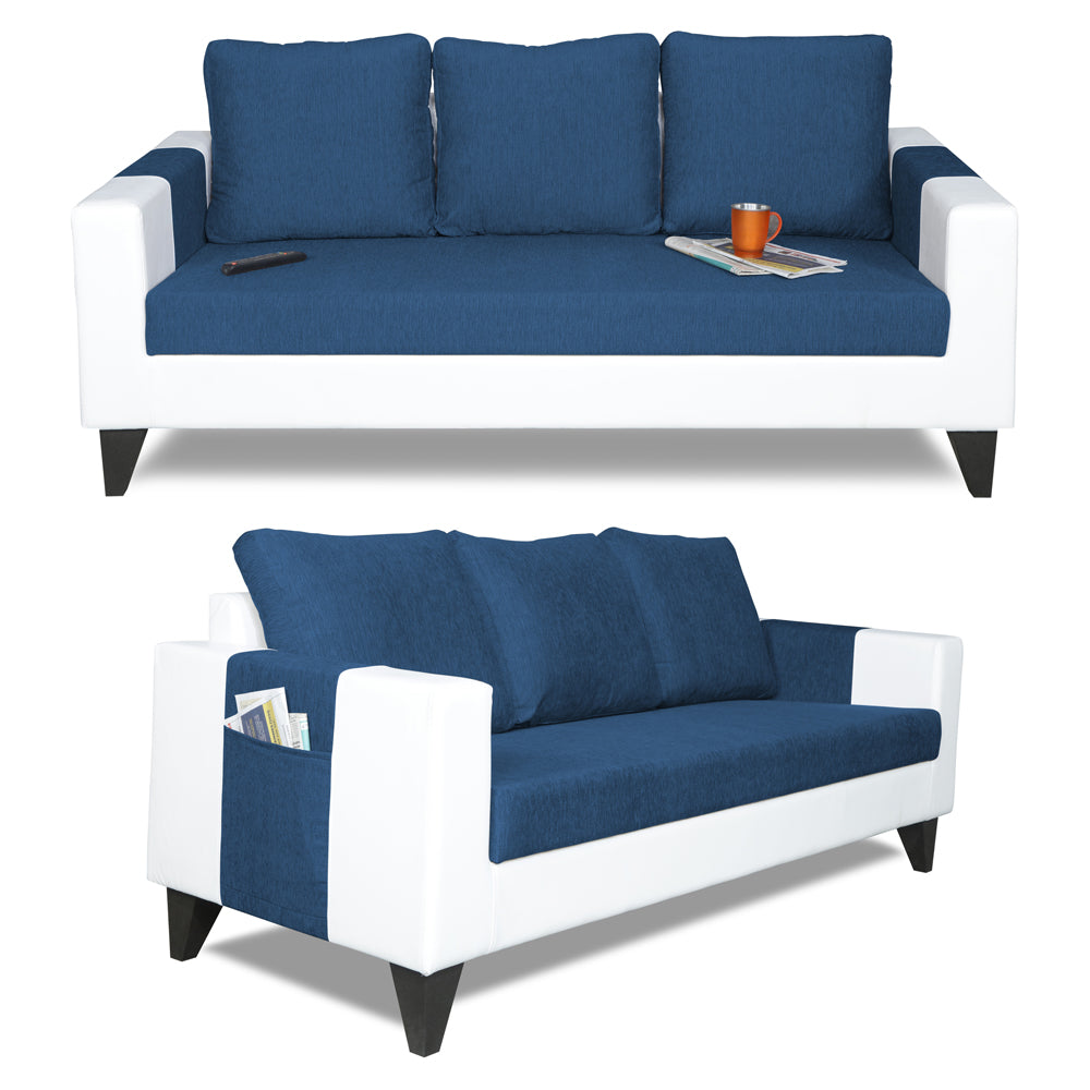 Adorn India Ashley Plain Leatherette Fabric 3-2-1 Six Seater Sofa Set (Blue & White) (3 Year Warranty)