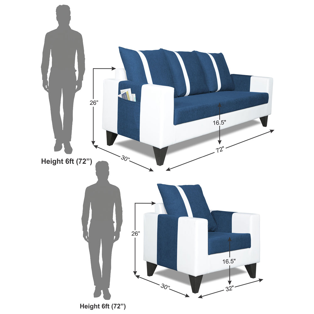 Adorn India Ashley Stripes Leatherette Fabric 3-1-1 Five Seater Sofa Set (Blue & White) (3 Year Warranty)