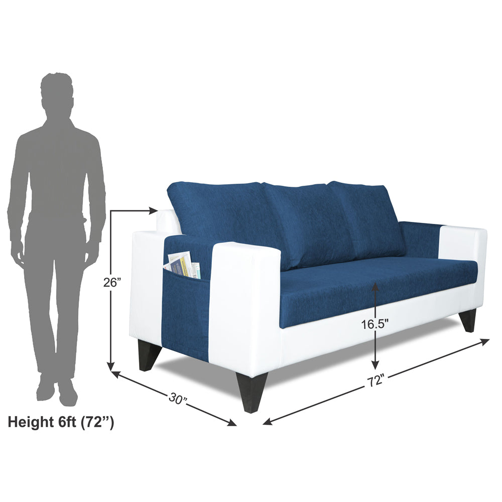Adorn India Ashley Plain Leatherette Fabric 3 Seater Sofa (Blue & White) (3 Year Warranty)