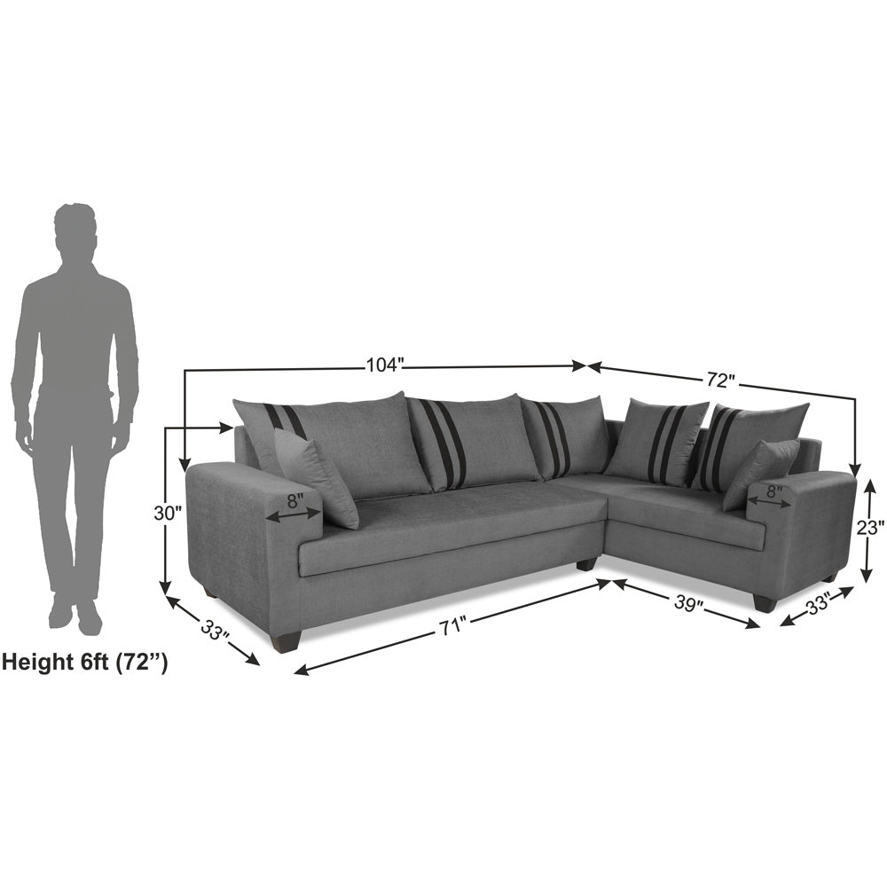Adorn India Winston L Shape 6 Seater Sofa Set (Right Side) (Grey)