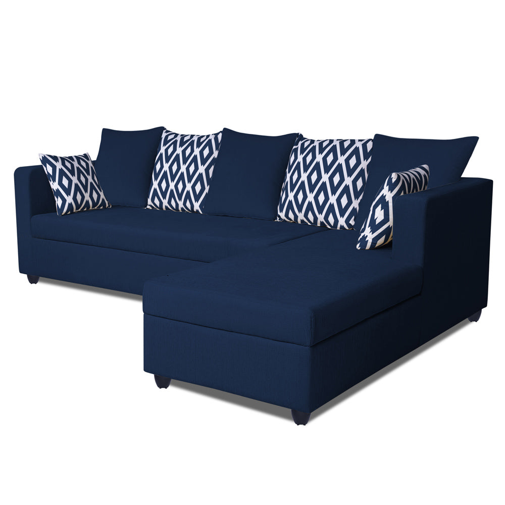 Adorn India Zink Straight line L Shape 5 Seater Sofa Rhombus Cushion (Left Side Handle) Blue
