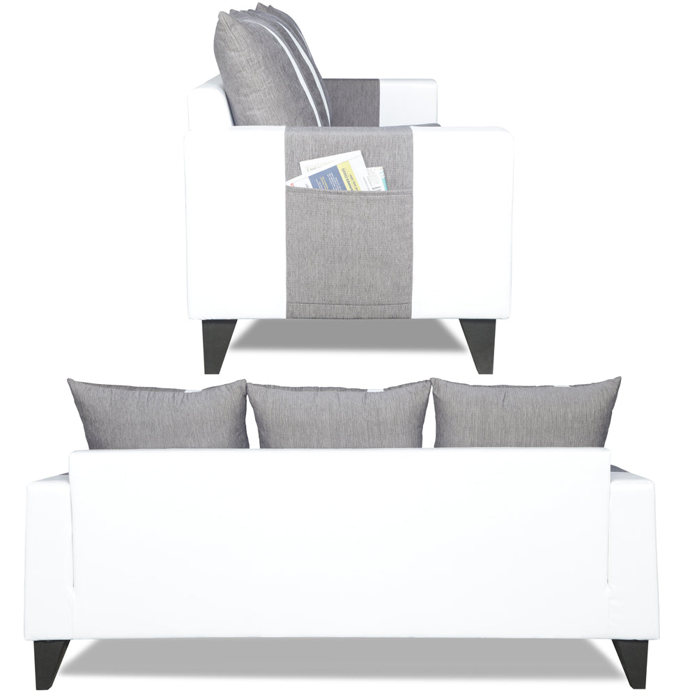 Adorn India Ashley Stripes Leatherette Fabric 3-2 Five Seater Sofa Set (Grey & White) (3 Year Warranty)