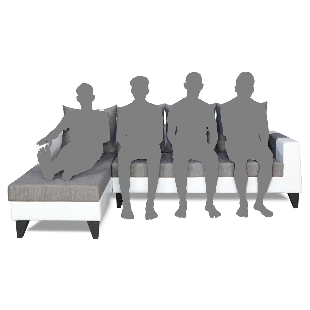 Adorn India Ashley Plain Leatherette Fabric L Shape 8 Seater Sofa Set with 2 Ottoman Puffy & Center Table LHS (Grey & White) (3 Year Warranty)