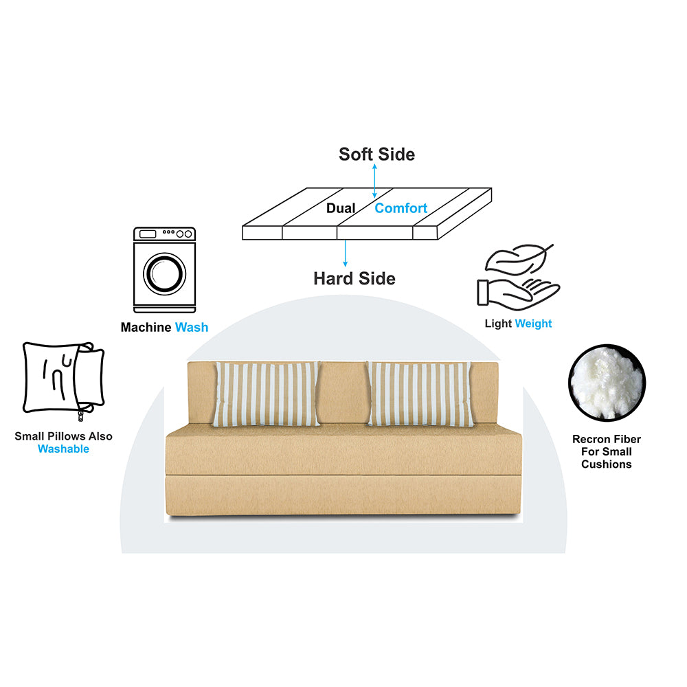 Adorn India Easy Alyn Plus Stripes 4 Seater Wood Sofa Cum Bed (6X6) (Beige) (1 Year Warranty)