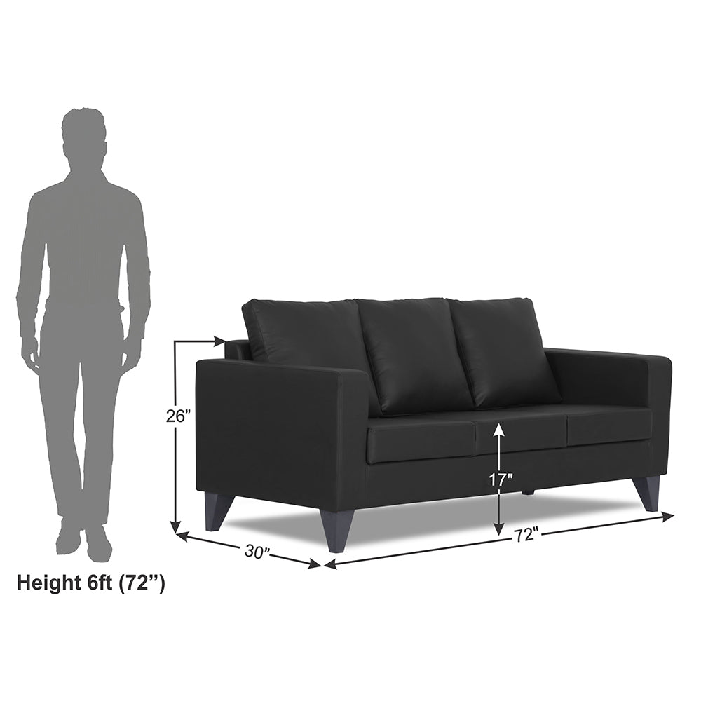 Adorn India Straight line Plus Leatherette 3 Seater Sofa (Black) (3 Year Warranty)