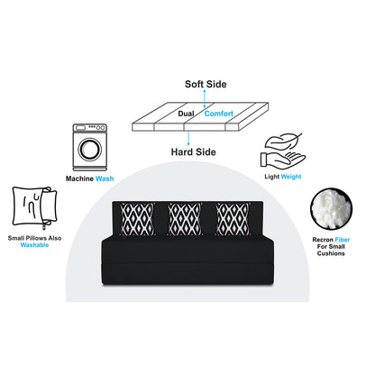 Adorn India Easy 3 Seater Sofa Cum Bed (Rhombus Pattern) Chennile Fabric - Washable Cover - Including 3 Cushion - Size 5' x 6' Ft (Black Color) Perfect for Home & Office for Guests