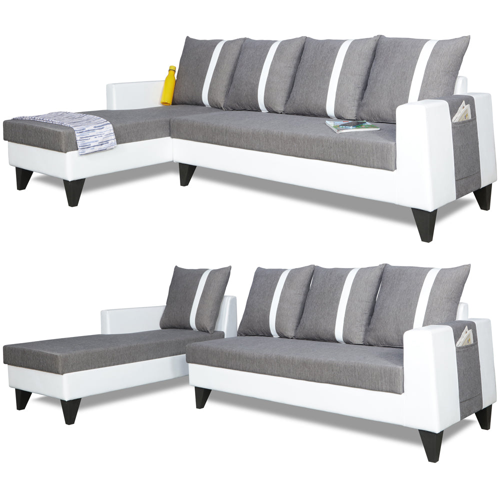 Adorn India Ashley Leatherette Fabric L Shape 6 Seater Sofa Set Stripes (Left Hand Side) (Grey & White) (3 Year Warranty)