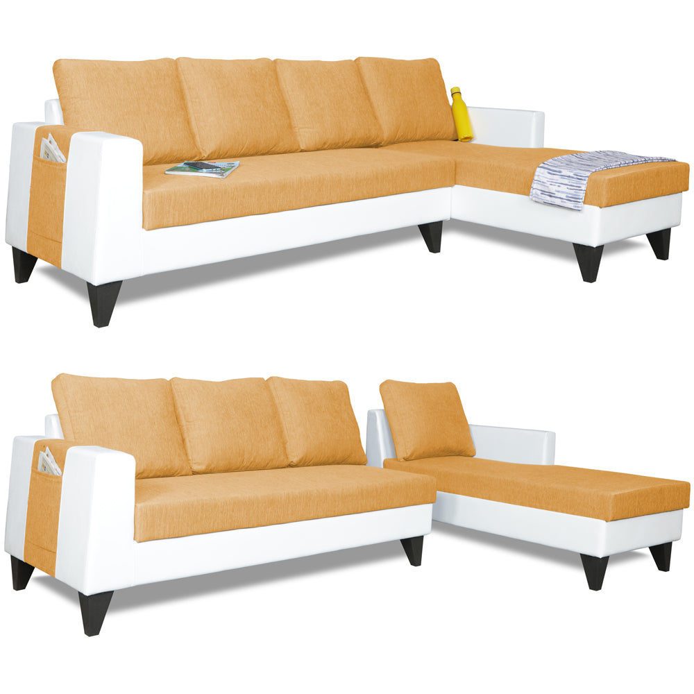 Adorn India Ashley Plain Leatherette Fabric L Shape 8 Seater Sofa Set with 2 Ottoman Puffy & Center Table RHS (Beige & White) (3 Year Warranty)