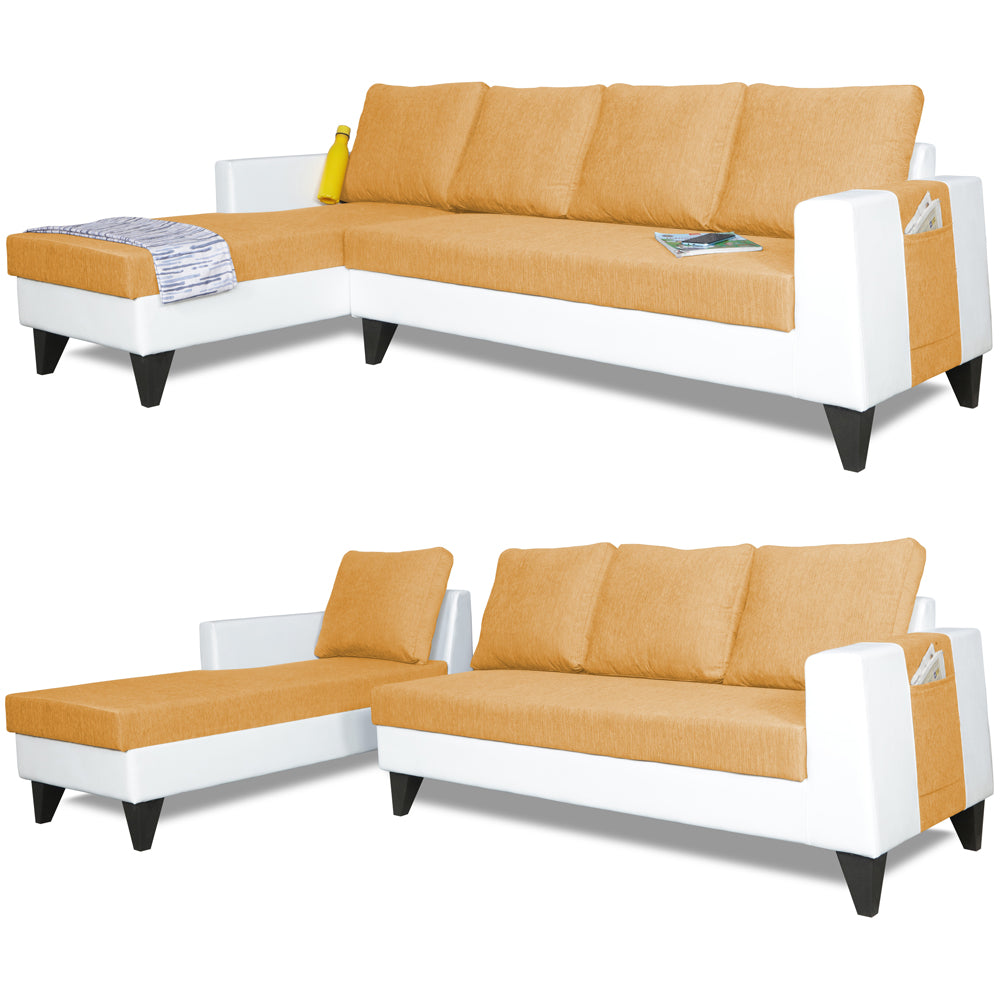 Adorn India Ashley Plain Leatherette Fabric L Shape 8 Seater Sofa Set with 2 Ottoman Puffy & Center Table LHS (Beige & White) (3 Year Warranty)