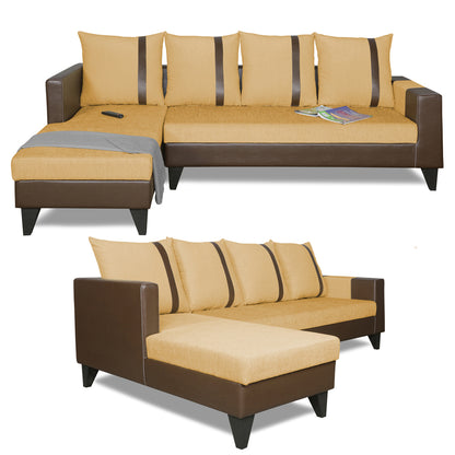 Adorn India Ashley L Shape 6 Seater Sofa Set Leatherette Fabric Stripes (Left Hand Side) (Brown & Beige) (3 Year Warranty)