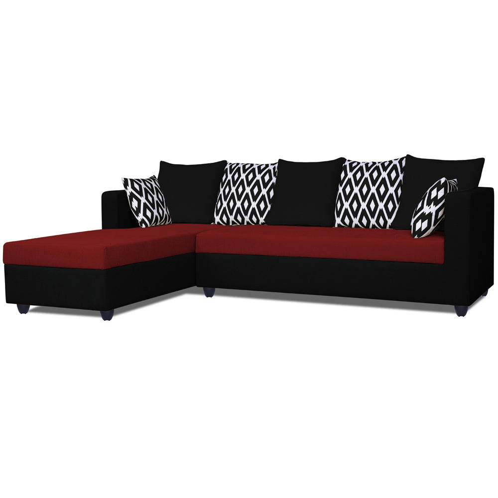 Adorn India Zink Straight line L Shape 5 Seater Sofa Rhombus Cushion (Left Side Handle)(Red & Black)