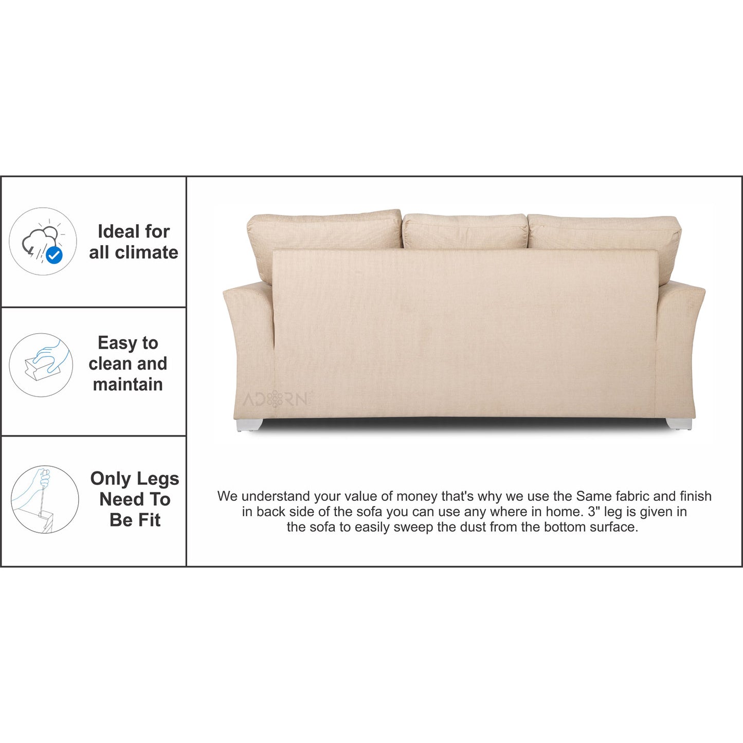 Adorn India Alexia Three Seater Sofa (Beige)