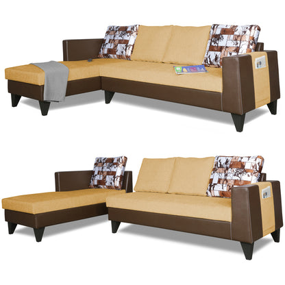 Adorn India Ashley L Shape 6 Seater Sofa Set Leatherette Fabric Digitel Print (Left Hand Side) (Brown & Beige) (3 Year Warranty)