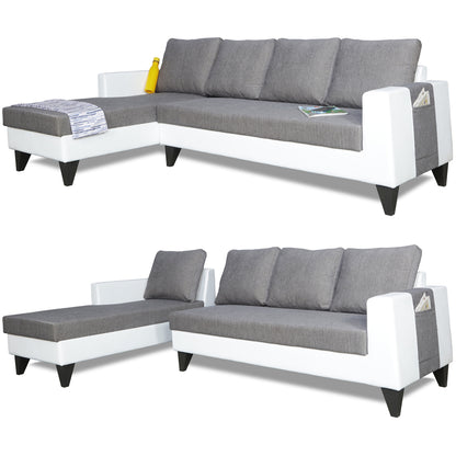 Adorn India Ashley Plain Leatherette Fabric L Shape 8 Seater Sofa Set with 2 Ottoman Puffy & Center Table LHS (Grey & White) (3 Year Warranty)