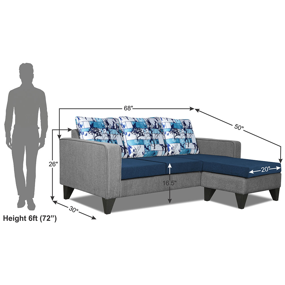 Adorn India Hallton L Shape 4 Seater Sofa Set Digital Print (Blue & Grey) (3 Year Warranty)