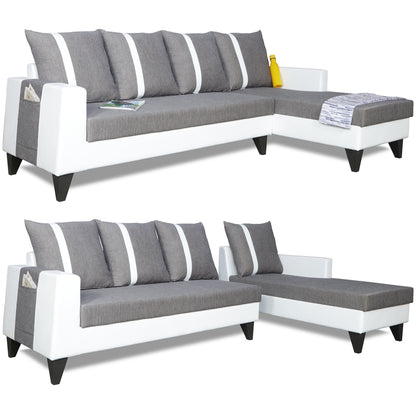 Adorn India Ashley Stripes Leatherette Fabric L Shape 8 Seater Sofa Set with 2 Ottoman Puffy & Center Table RHS (Grey & White) (3 Year Warranty)