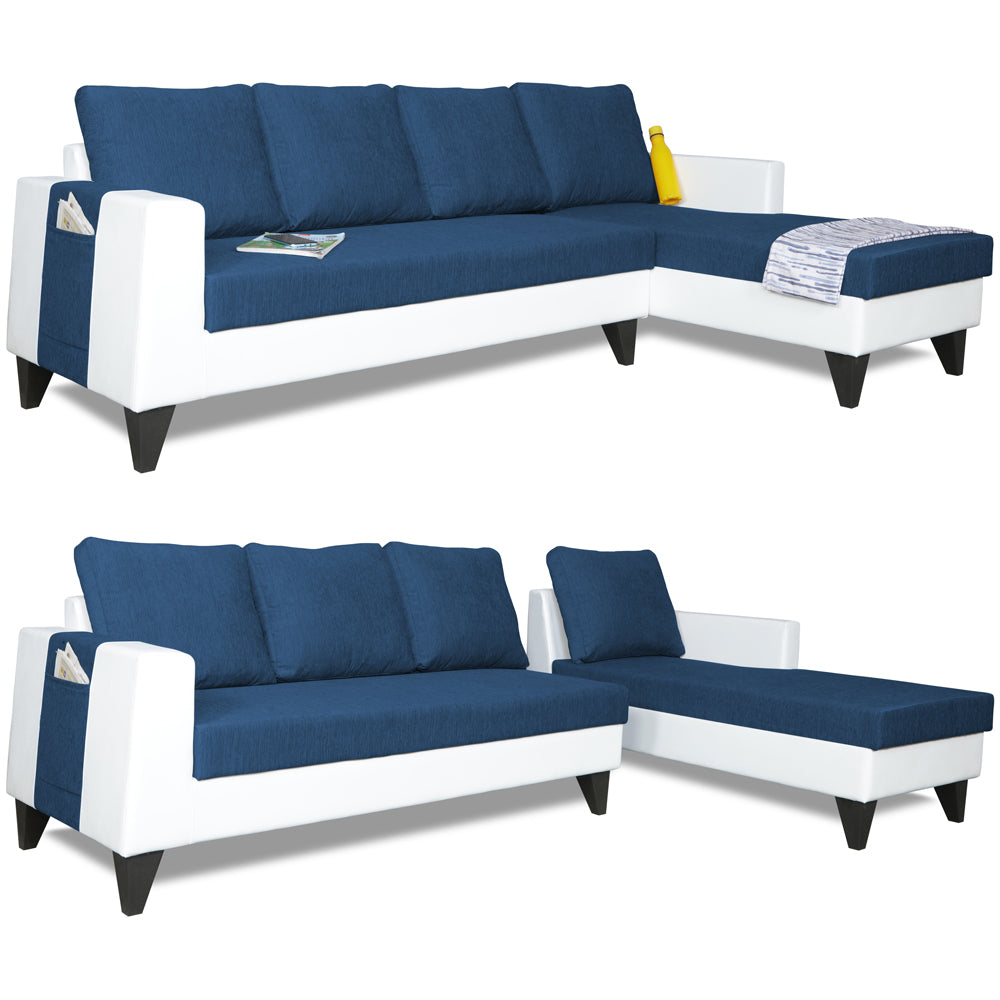 Adorn India Ashley Plain Leatherette Fabric L Shape 8 Seater Sofa Set with 2 Ottoman Puffy & Center Table RHS (Blue & White) (3 Year Warranty)