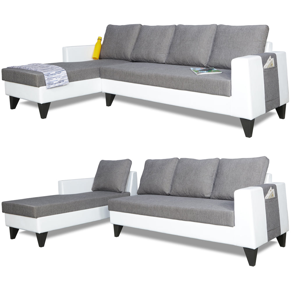 Adorn India Ashley Leatherette Fabric L Shape 6 Seater Sofa Set Plain (Left Hand Side) (Grey & White) (3 Year Warranty)