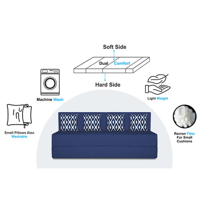 Adorn India Easy 4-Person Sofa Cum Bed (Rhombus Pattern) Chennile Fabric- Washable Cover- Including 4 Cushion- Size 6' X 6' Ft (Blue Color) Perfect for Home & Office for Guests