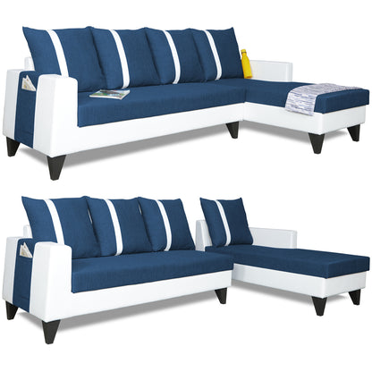 Adorn India Ashley Leatherette Fabric L Shape 6 Seater Sofa Set Stripes (Right Hand Side) (Blue & White) (3 Year Warranty)