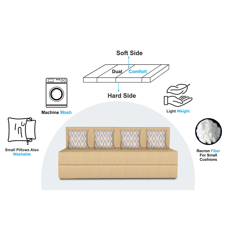 Adorn India Easy 4 Seater Sofa Cum Bed (Rhombus Pattern) Chennile Fabric - Washable Cover - Including 4 Cushion - Size 6' x 6' Ft (Beige Color) Perfect for Home & Office for Guests