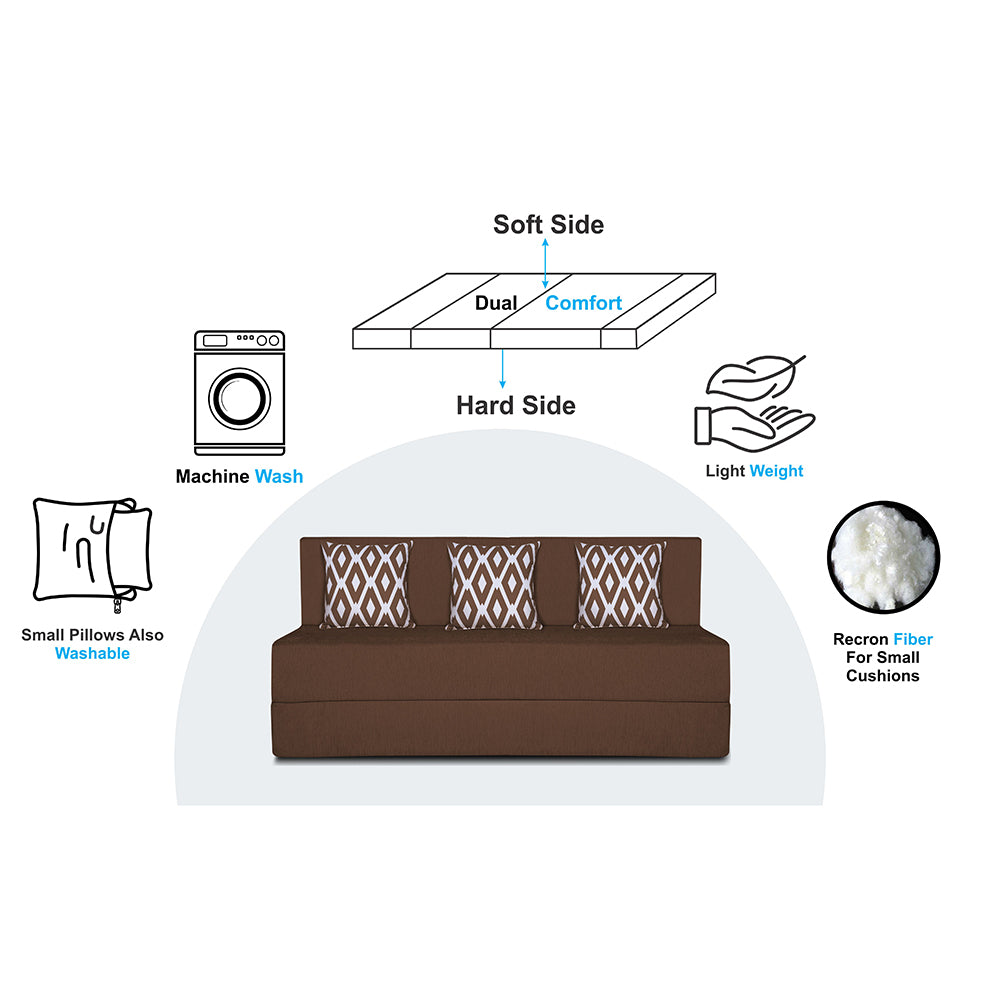 Adorn India Easy 3 Seater Sofa Cum Bed (Rhombus Pattern) Chennile Fabric - Washable Cover - Including 3 Cushion - Size 5' x 6' Ft (Brown Color) Perfect for Home & Office for Guests