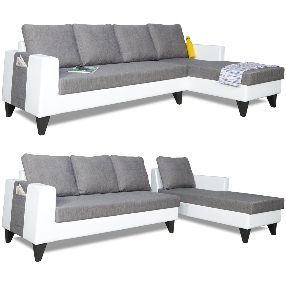 Adorn India Ashley Plain Leatherette Fabric L Shape 8 Seater Sofa Set with 2 Ottoman Puffy & Center Table RHS (Grey & White) (3 Year Warranty)