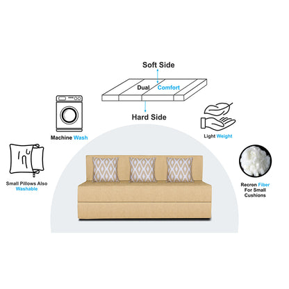 Adorn India Easy 3 Seater Sofa Cum Bed (Rhombus Pattern) Chennile Fabric - Washable Cover - Including 3 Cushion - Size 5' x 6' Ft (Beige Color) Perfect for Home & Office for Guests