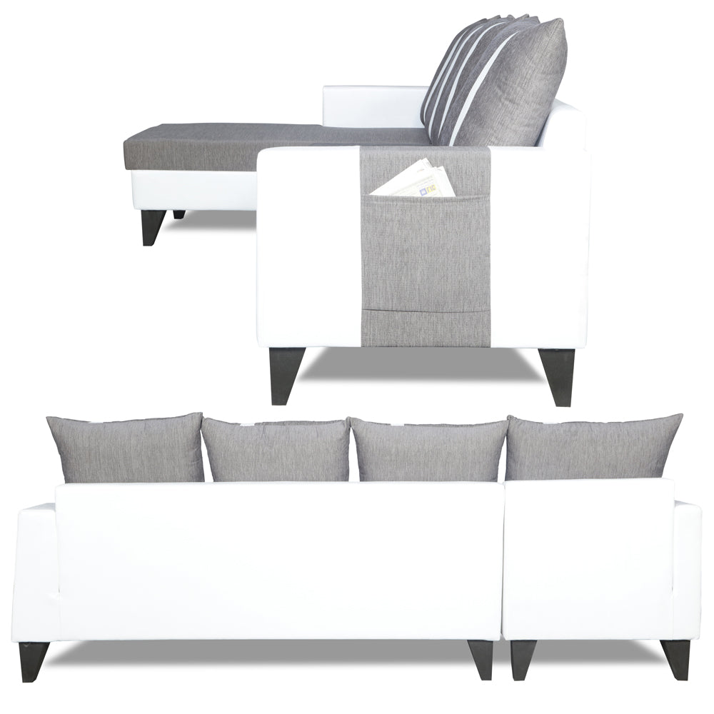 Adorn India Ashley Stripes Leatherette Fabric L Shape 8 Seater Sofa Set with 2 Ottoman Puffy & Center Table LHS (Grey & White) (3 Year Warranty)