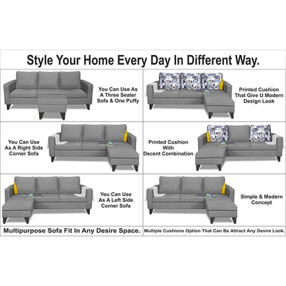 Adorn India Hallton L Shape 4 Seater Sofa Set Digital Print (Grey) (3 Year Warranty)