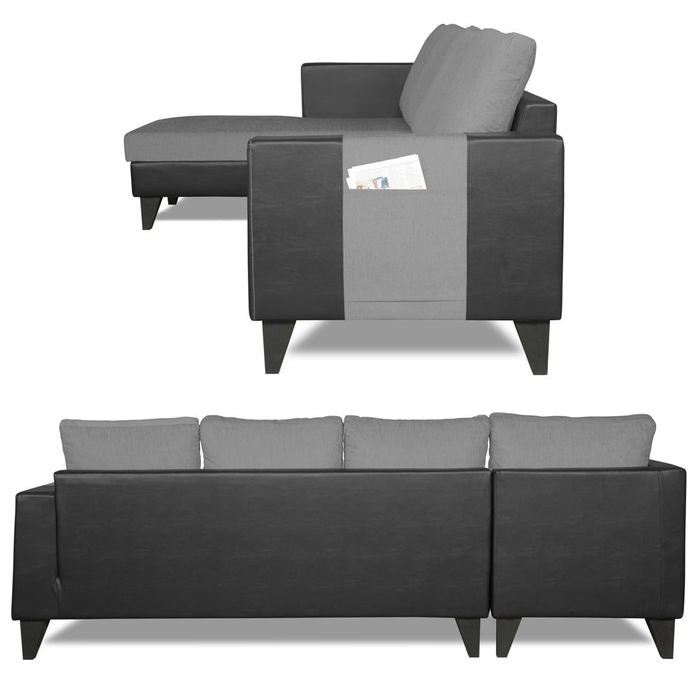 Adorn India Ashley L Shape 6 Seater Sofa Set Leatherette Fabric Plain (Left Hand Side) (Grey & Black) (3 Year Warranty)