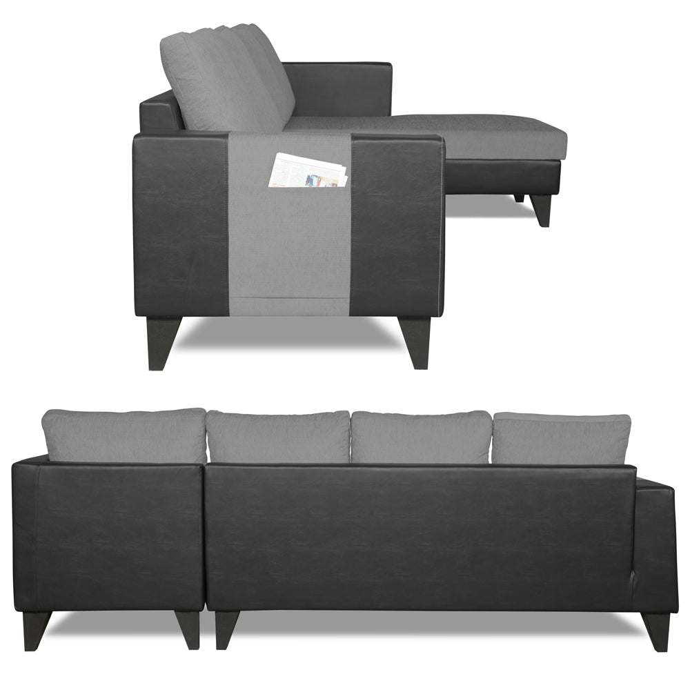 Adorn India Ashley L Shape 6 Seater Sofa Set Leatherette Fabric Plain (Right Hand Side) (Grey & Black) (3 Year Warranty)