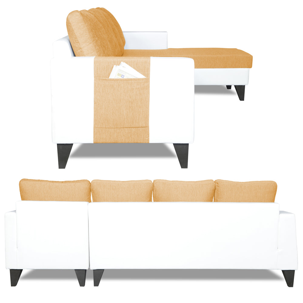 Adorn India Ashley Plain Leatherette Fabric L Shape 8 Seater Sofa Set with 2 Ottoman Puffy & Center Table RHS (Beige & White) (3 Year Warranty)