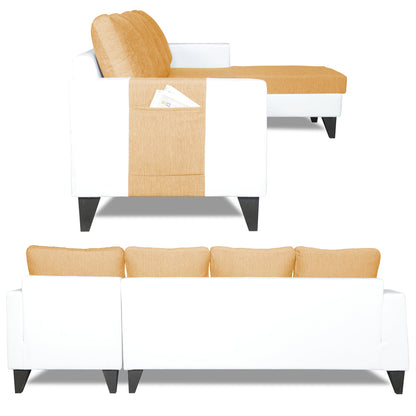 Adorn India Ashley Plain Leatherette Fabric L Shape 8 Seater Sofa Set with 2 Ottoman Puffy & Center Table RHS (Beige & White) (3 Year Warranty)
