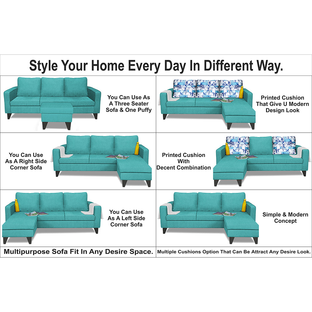 Adorn India Wood Hallton L Shape 4 Seater Sofa Set Digital Print (Aqua Blue) (3 Year Warranty)
