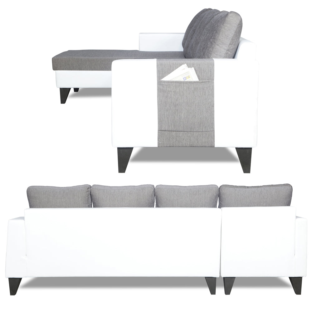 Adorn India Ashley Plain Leatherette Fabric L Shape 8 Seater Sofa Set with 2 Ottoman Puffy & Center Table LHS (Grey & White) (3 Year Warranty)