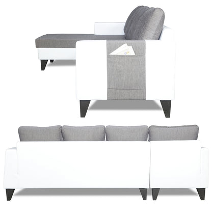 Adorn India Ashley Plain Leatherette Fabric L Shape 8 Seater Sofa Set with 2 Ottoman Puffy & Center Table LHS (Grey & White) (3 Year Warranty)