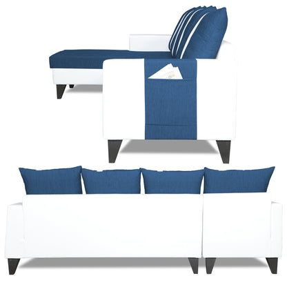 Adorn India Ashley Stripes Leatherette Fabric L Shape 8 Seater Sofa Set with 2 Ottoman Puffy & Center Table LHS (Blue & White) (3 Year Warranty)