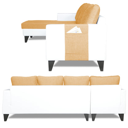 Adorn India Ashley Plain Leatherette Fabric L Shape 8 Seater Sofa Set with 2 Ottoman Puffy & Center Table LHS (Beige & White) (3 Year Warranty)