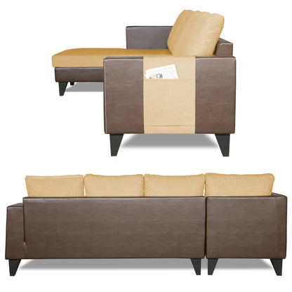 Adorn India Ashley L Shape 6 Seater Sofa Set Leatherette Fabric Plain (Left Hand Side) (Brown & Beige) (3 Year Warranty)