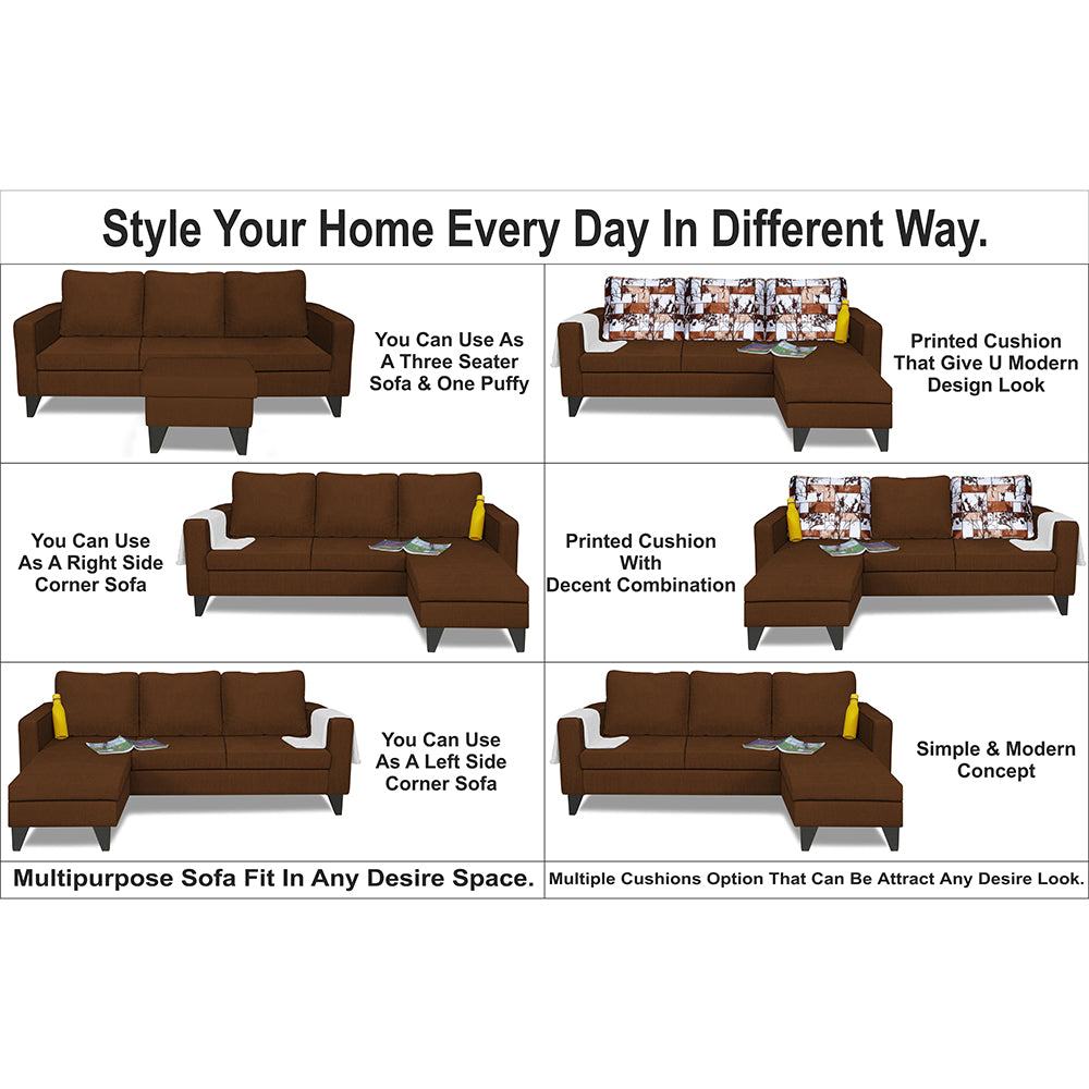 Adorn India Hallton L Shape 4 Seater Sofa Set Digital Print (Brown) (3 Year Warranty)