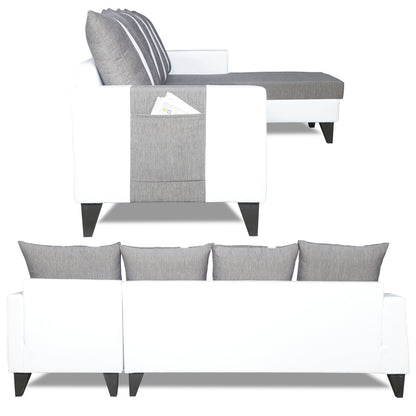 Adorn India Ashley Stripes Leatherette Fabric L Shape 8 Seater Sofa Set with 2 Ottoman Puffy & Center Table RHS (Grey & White) (3 Year Warranty)