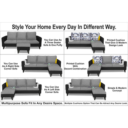 Adorn India Hallton L Shape 4 Seater Sofa Set Digital Print (Black & Grey) (3 Year Warranty)