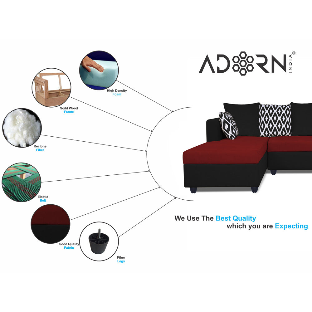 Adorn India Zink Straight line L Shape 5 Seater Sofa Rhombus Cushion (Left Side Handle)(Red & Black)