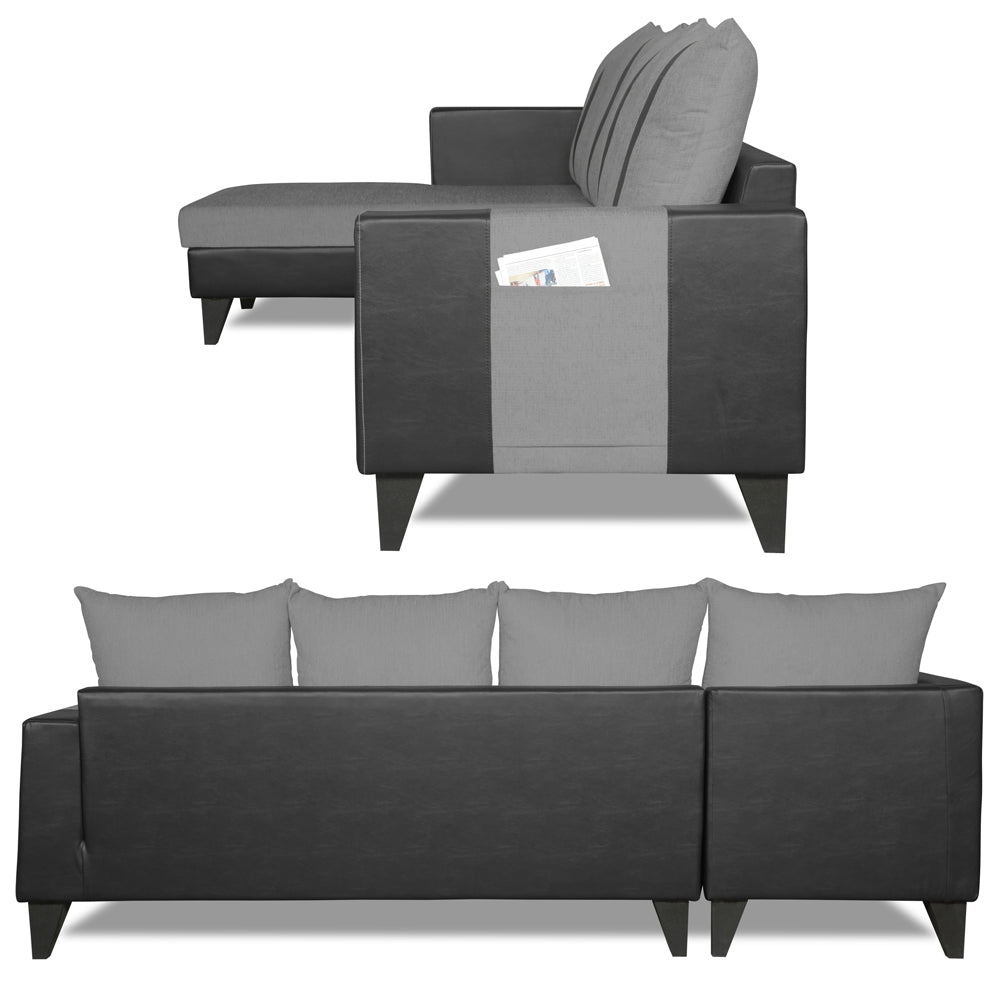 Adorn India Ashley L Shape 6 Seater Sofa Set Leatherette Fabric Stripes (Left Hand Side) (Grey & Black) (3 Year Warranty)
