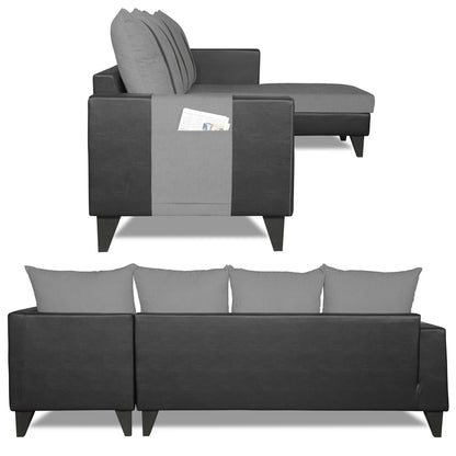 Adorn India Ashley L Shape 6 Seater Sofa Set Leatherette Fabric Stripes (Right Hand Side) (Grey & Black) (3 Year Warranty)