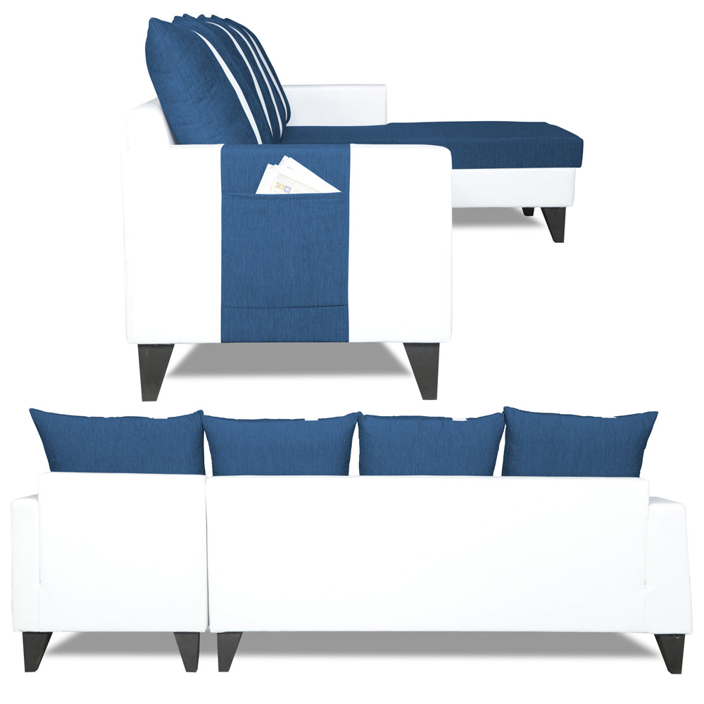 Adorn India Ashley Stripes Leatherette Fabric L Shape 8 Seater Sofa Set with 2 Ottoman Puffy & Center Table RHS (Blue & White) (3 Year Warranty)