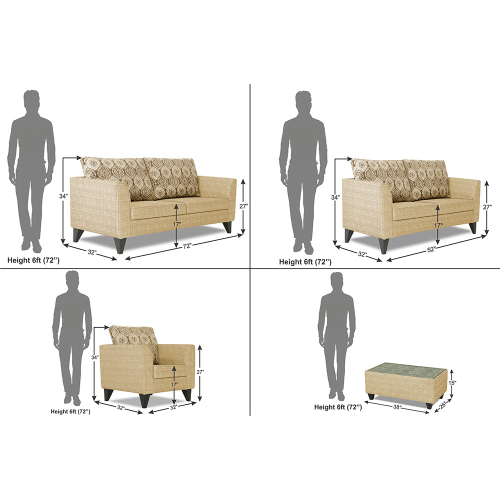 Adorn India Cortina Damask 3+2+1 6 Seater Sofa Set with Centre Table (Beige) Modern