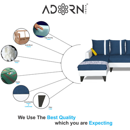 Adorn India Ashley Leatherette Fabric L Shape 6 Seater Sofa Set Stripes (Left Hand Side) (Blue & White) (3 Year Warranty)